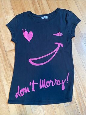 Vintage Y2K Pimkie Black Short-Sleeve Tee with Pink Smile Graphic Whimsigoth